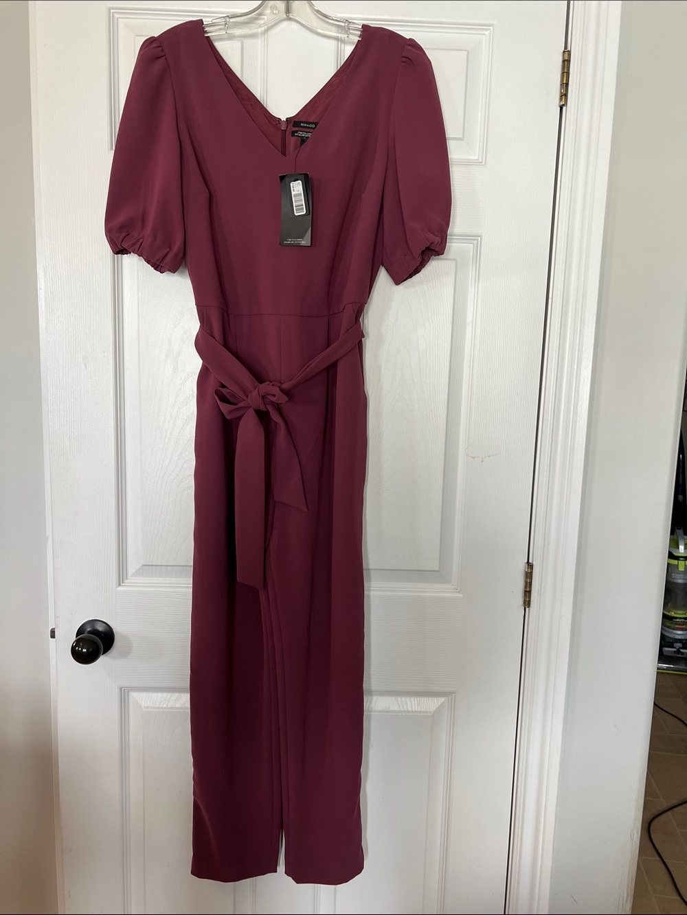 RW&CO. Wine V-Neck Midi Dress with Puff Sleeves